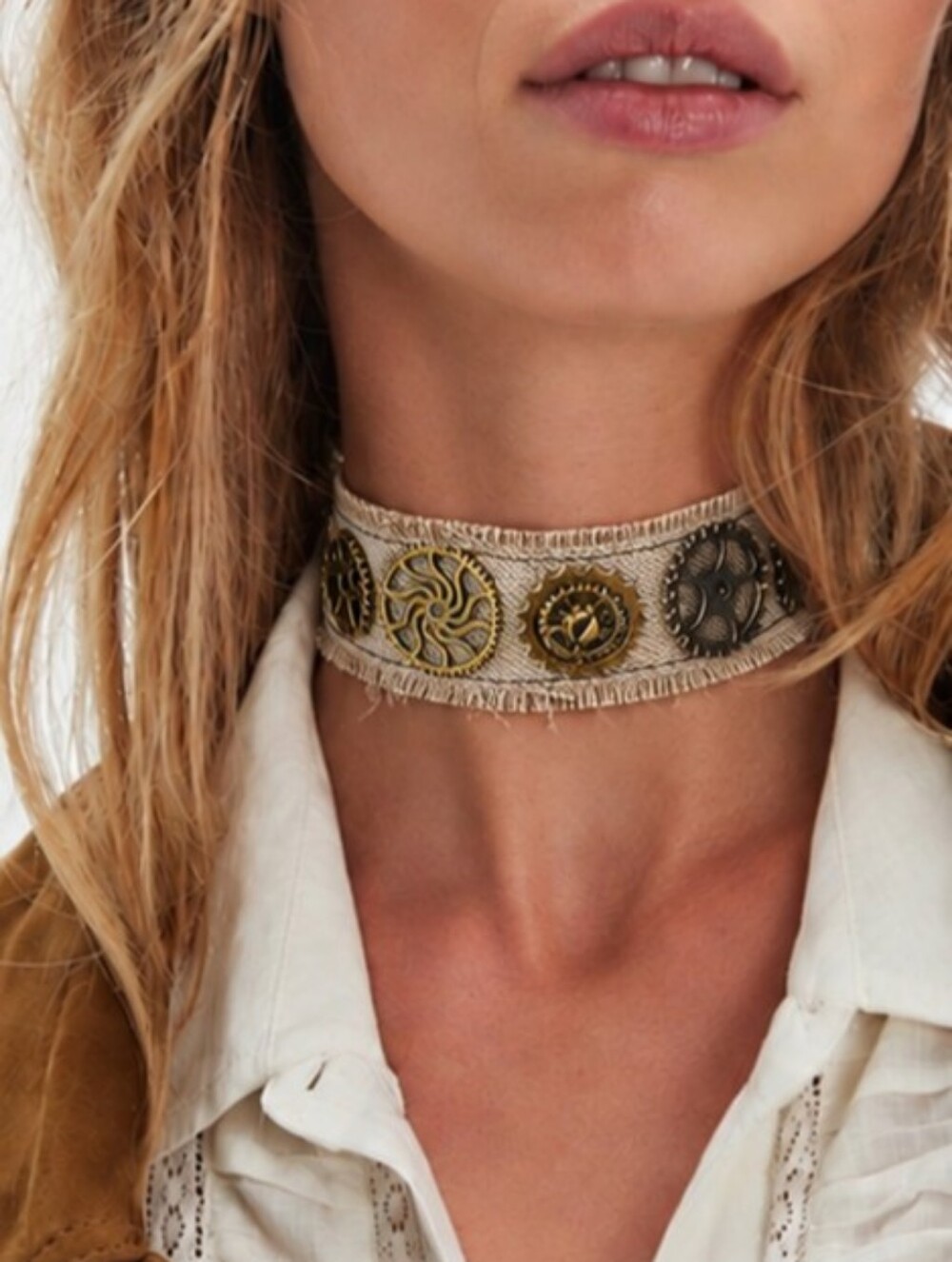 FP Jewelry Choker Industrial Barn Star Antique Gold Embellished Rustic Denim